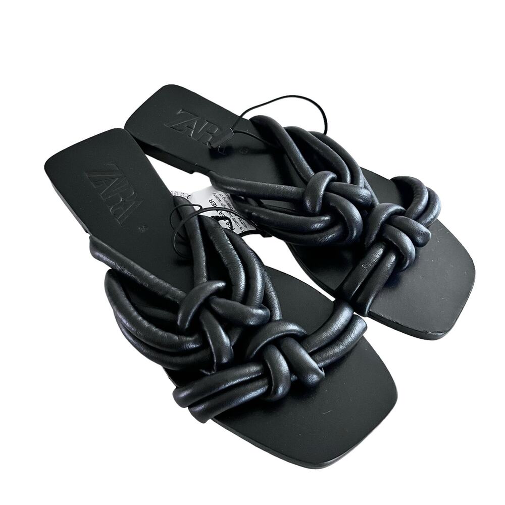 Zara Woman’s Black Tube Leather Flat Sandals size 6 NWT - Picture 2 of 6